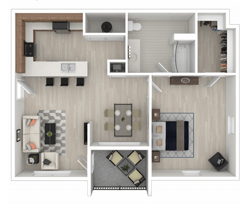 One-bedroom/one-bathroom floor plan layout with 792 square feet at Reagan Crossing apartments for rent in Covington, LA